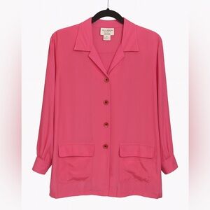 100% Silk Allison Taylor Pink Vintage 90’s Button Front Blouse Pockets Sz Medium